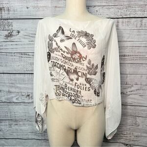 Y2K Forever 21 Cold Shoulder Open Sleeve Chiffon Crop Top Medium Artsy Collage